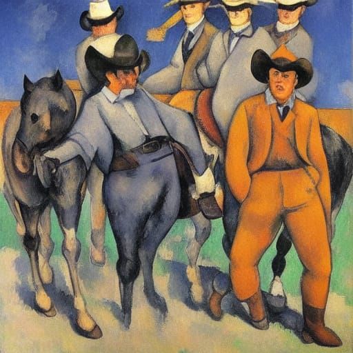 Cowboy and Cat with Bat in Cezanne Magritte Style