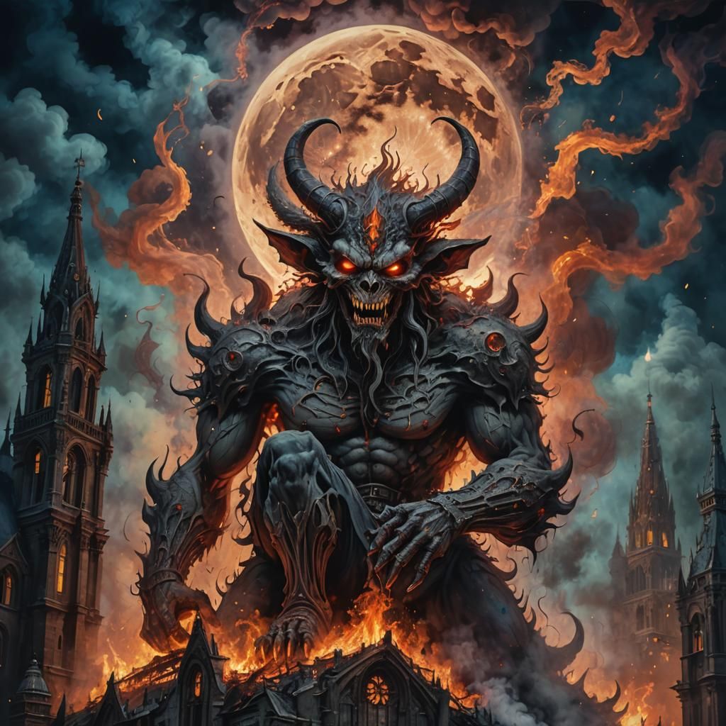 Burning Cathedral: Smoke Demon Under Full Moon