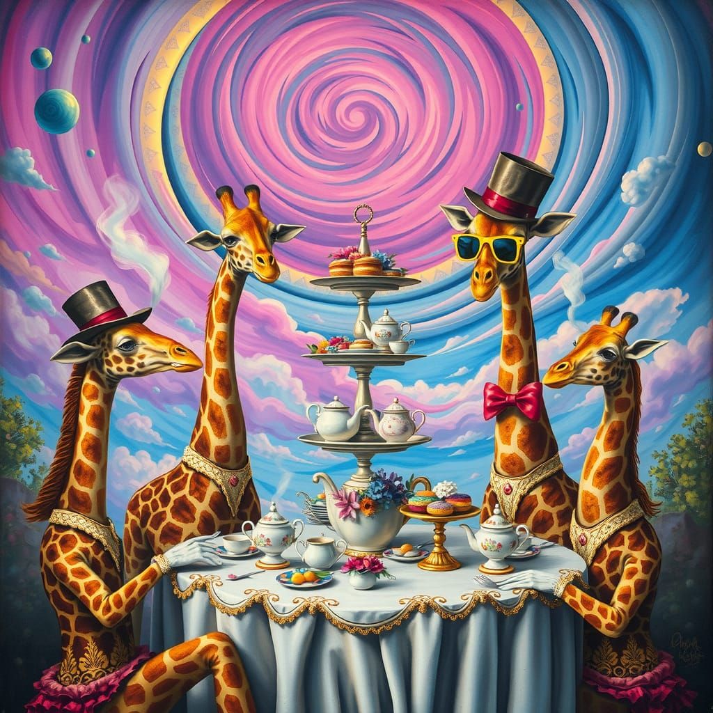 Giraffes' Surreal Victorian Tea Party, Psychedelic Sky