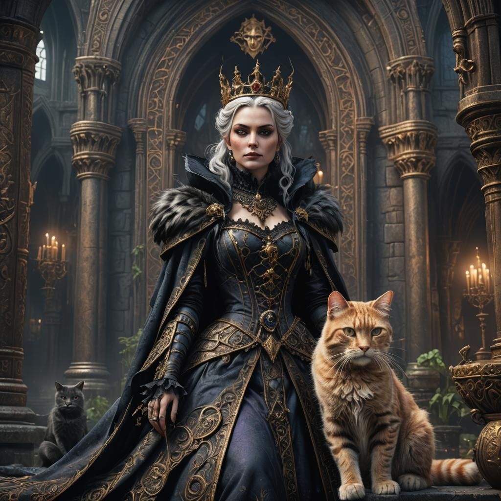 Gothic Queen with Feline Companion: Detailed Matte Painting