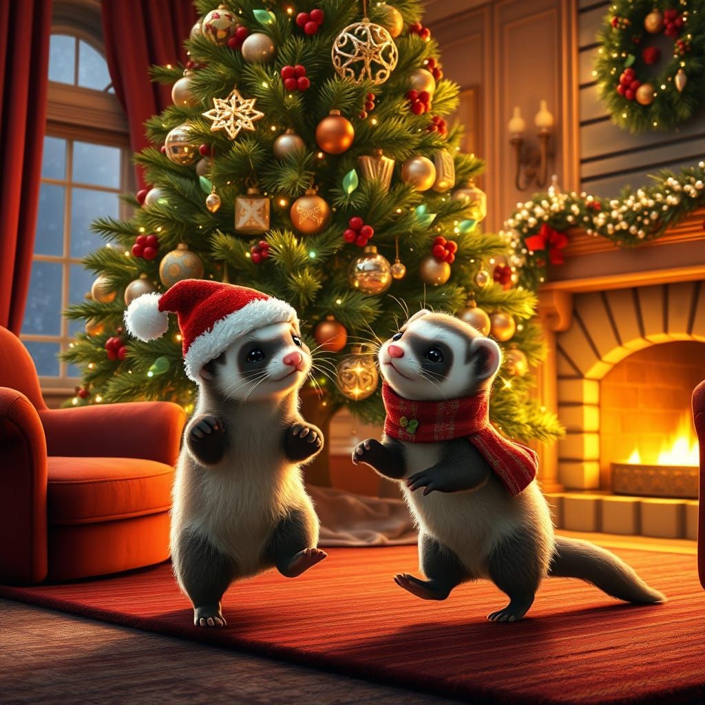 Ferrets Celebrate Christmas in Luxurious Living Room
