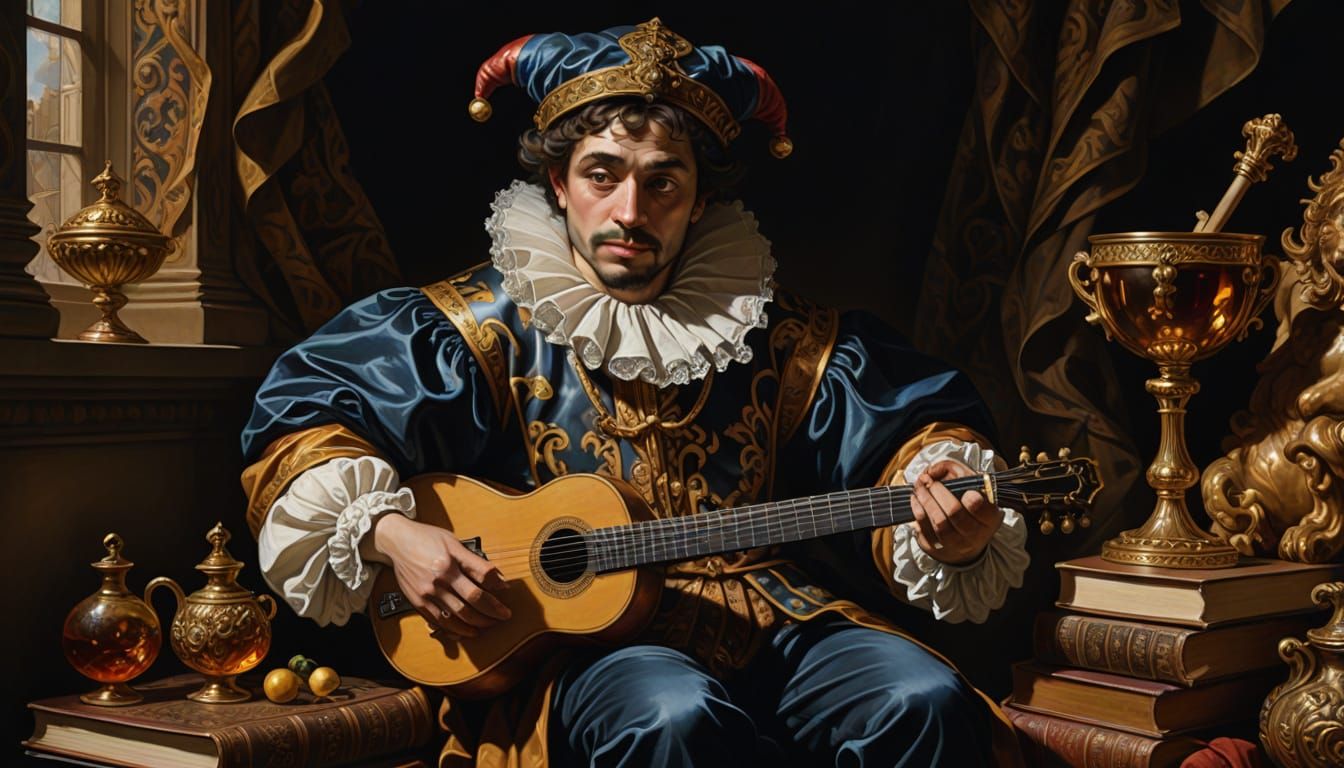 Regal Court Jester Amidst Lavish Tomes in Opulent Baroque Sp...