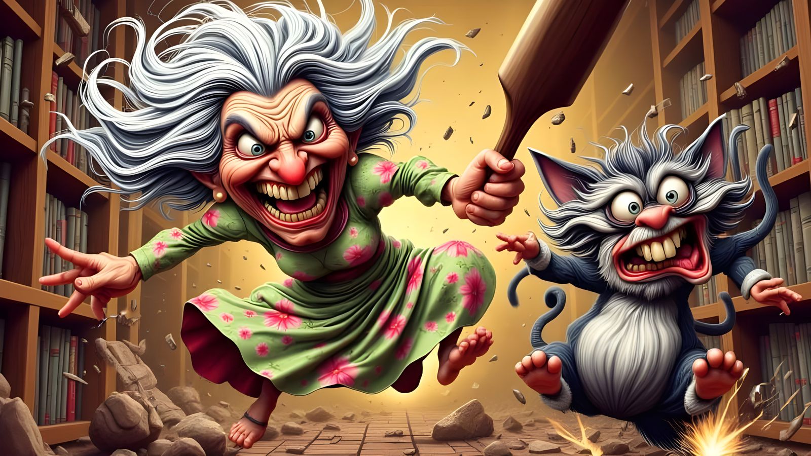 Angry Grandma Chases Frightened Cat in Lively Cartoon Style