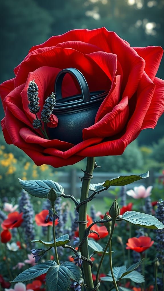 Giant Rose Cauldron Portal in Hyperrealistic Garden