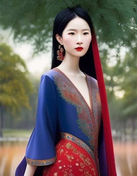 Stunning Chinese Beauty in Red Dress: Digital Portrait
