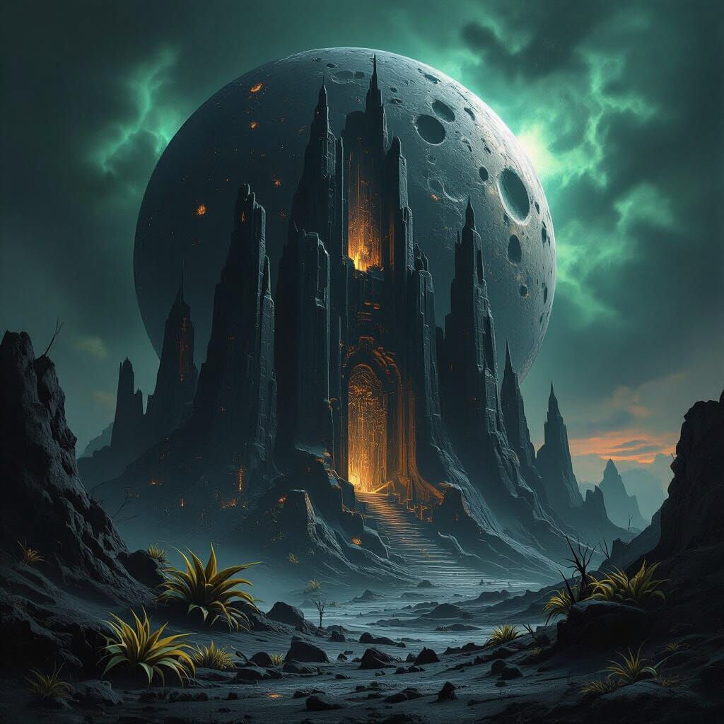 Obsidian Fortress on Dead Moon in Cosmic Horror Style