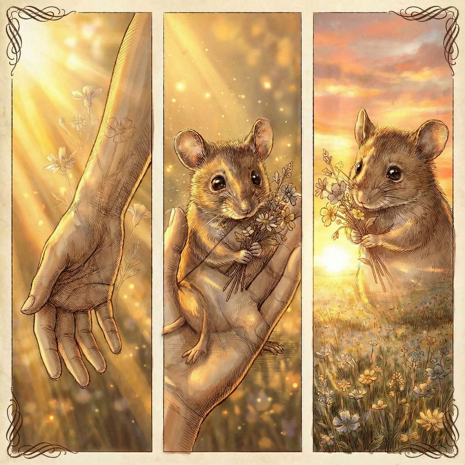 Albrecht Dürer Style Mouse Offers Flower Bouquet