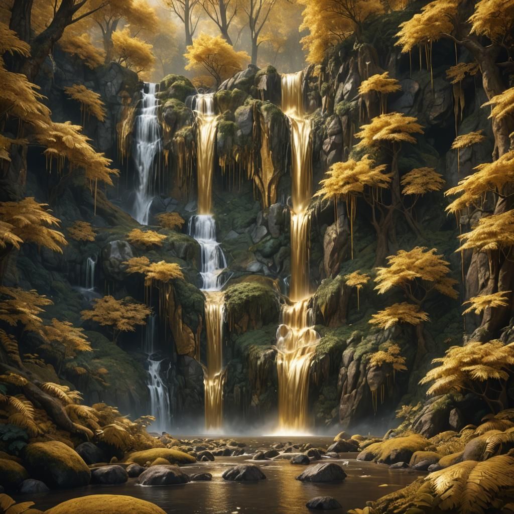 Golden Waterfall in Forest: Fantasy Concept Art