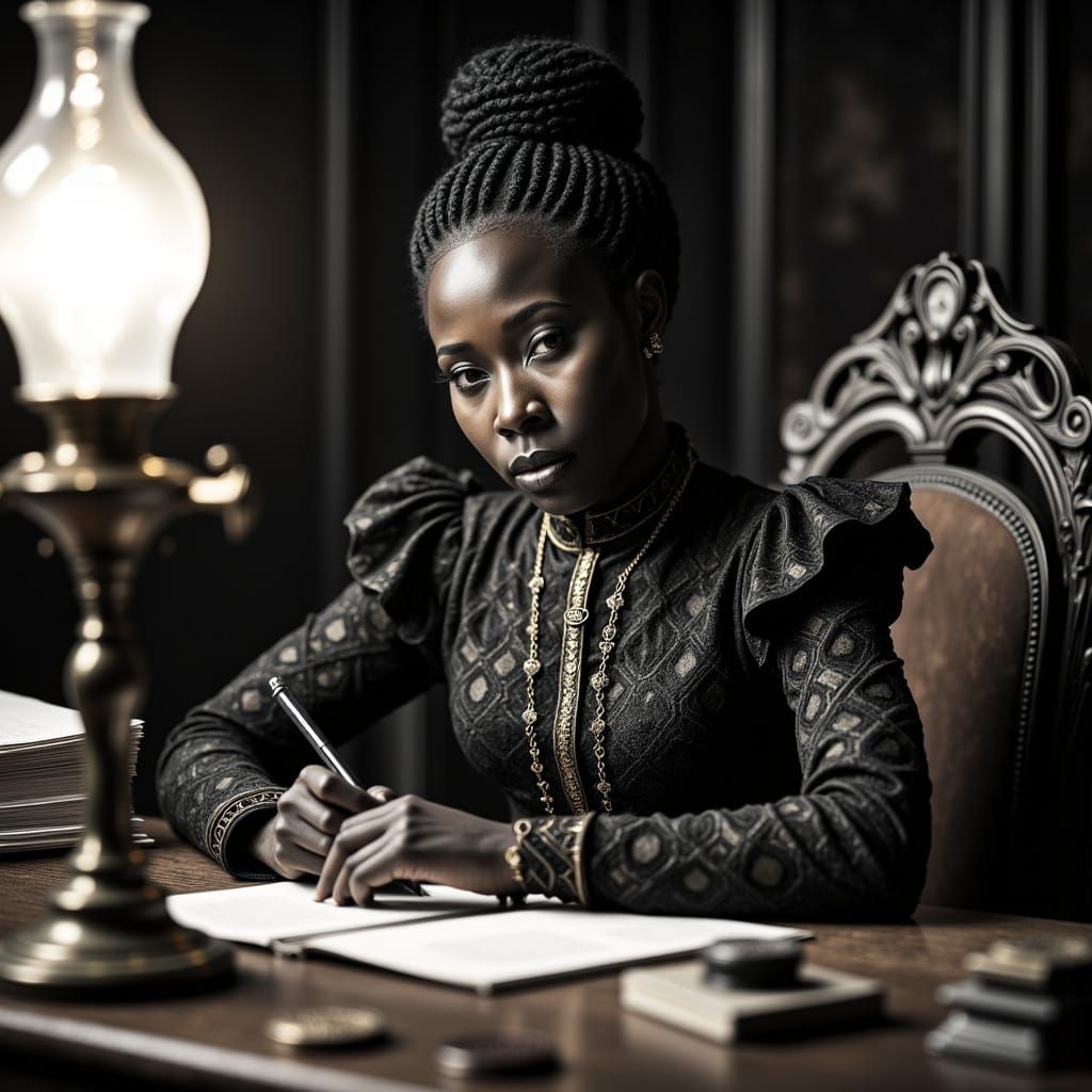 A Dignified Woman Signs Important Documents in a Dramatic Bl...