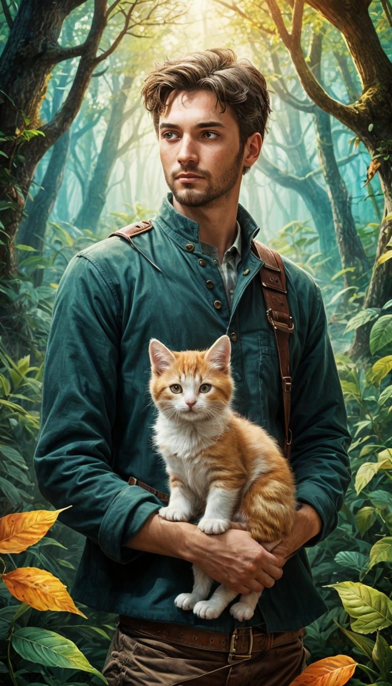 Man with Kitten: Detailed Fantasy Concept Art