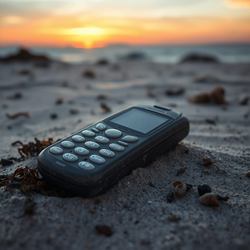 Abandoned Phone on Beach at Sunset: Nostalgic Still Life