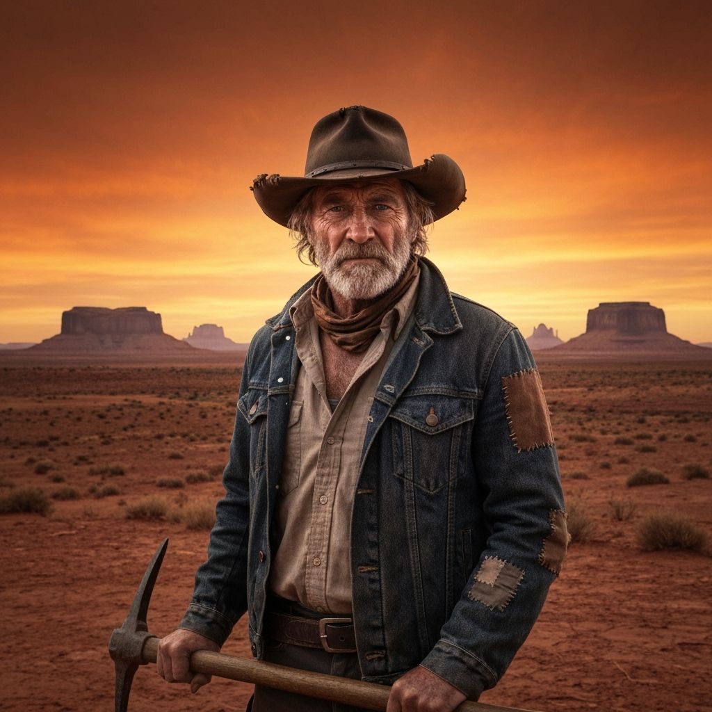 Grizzled Prospector in Arid Landscape at Sunset