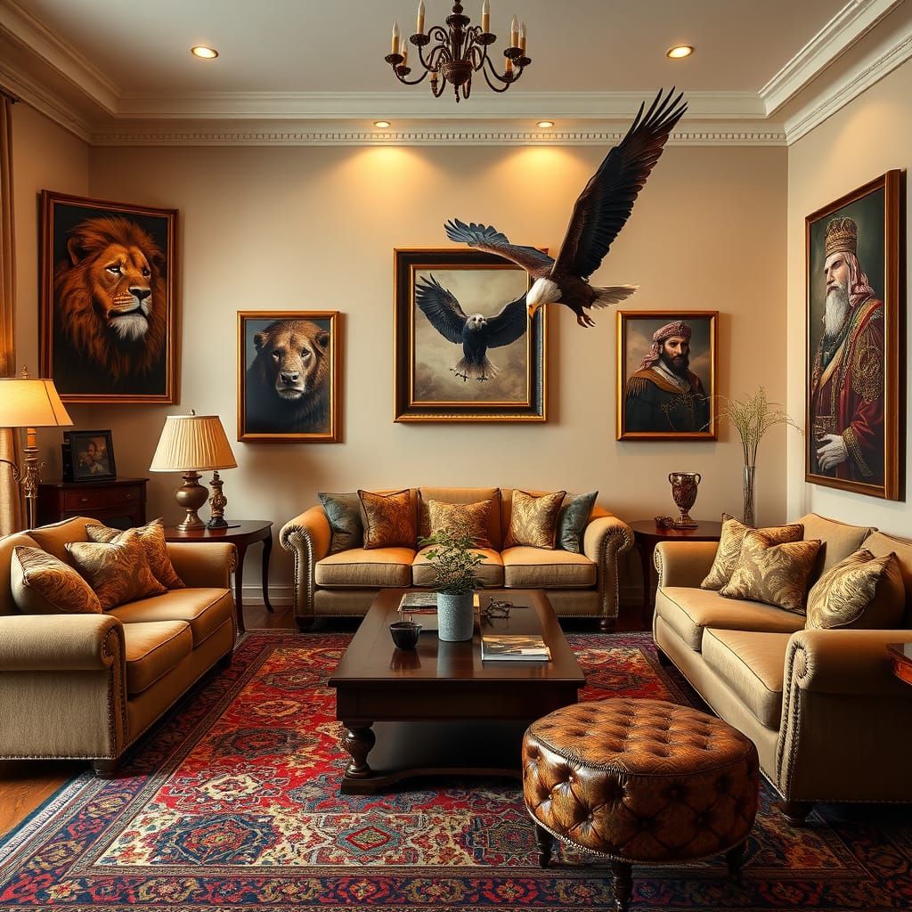 Cozy Living Room with Animal Portraits in Old Master Style