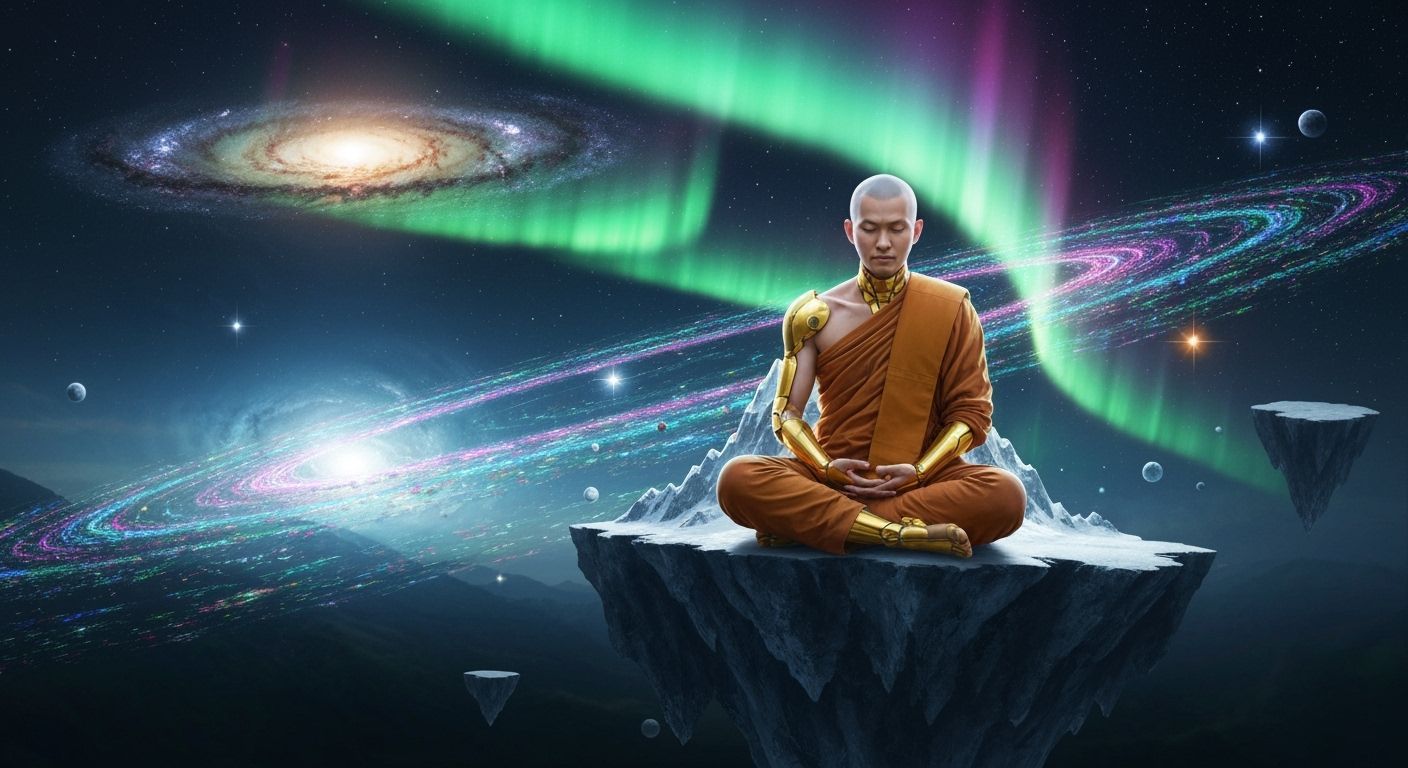 Futuristic photo of a cybernetic monk with golden exoskeleton, meditating atop a fractal mountain that phases between di...