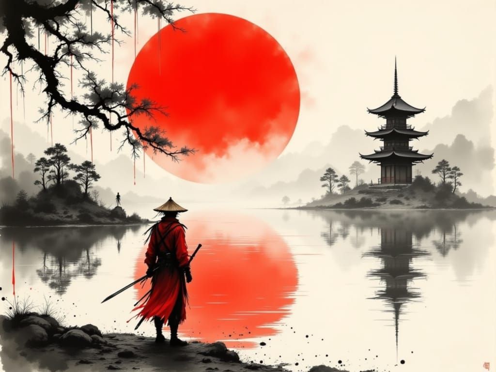 A Lone Samurai Stands Amidst a Bleeding Red Sun, Ink Brush S...