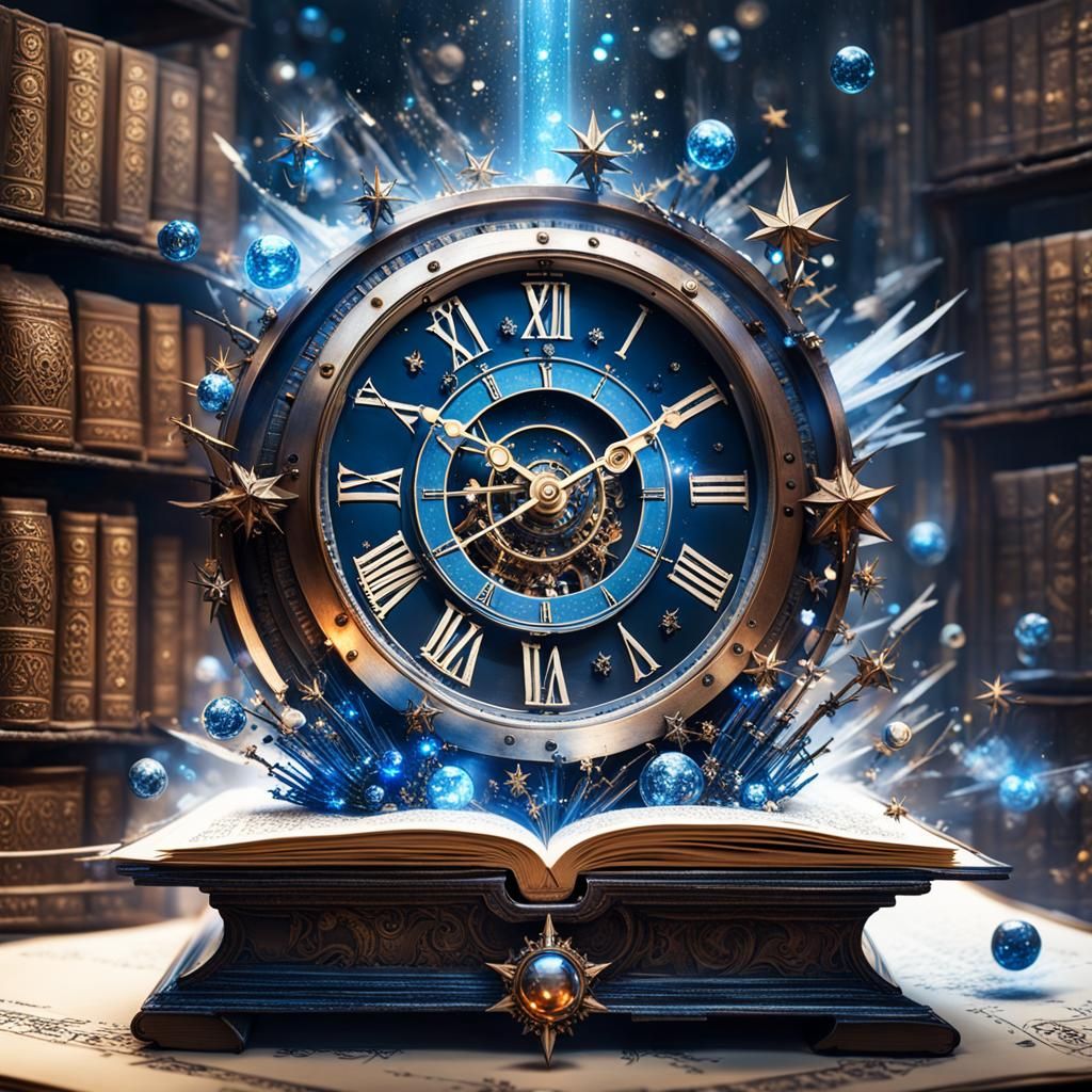 Sci-Fi Clock Emerges from Book with Stars