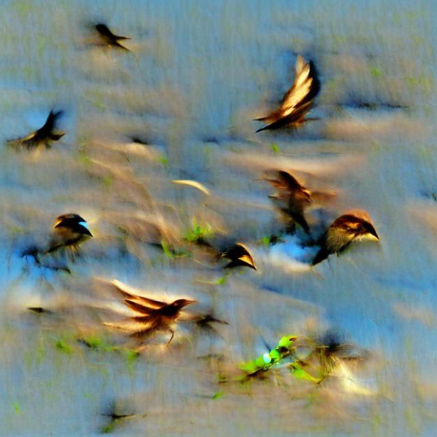 Sparrows in Flight Over Dark Earth