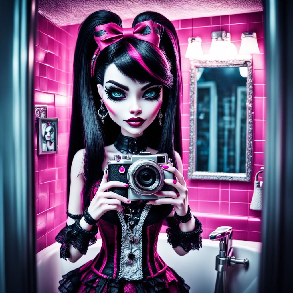 emo monster high draculaura bathroom mirror selfie holding digital camera evolved