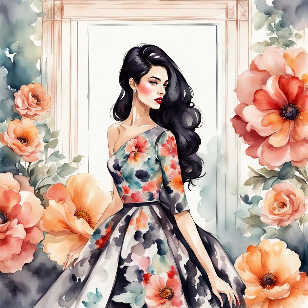 Elegant Woman with Floral Dress in Watercolor Style