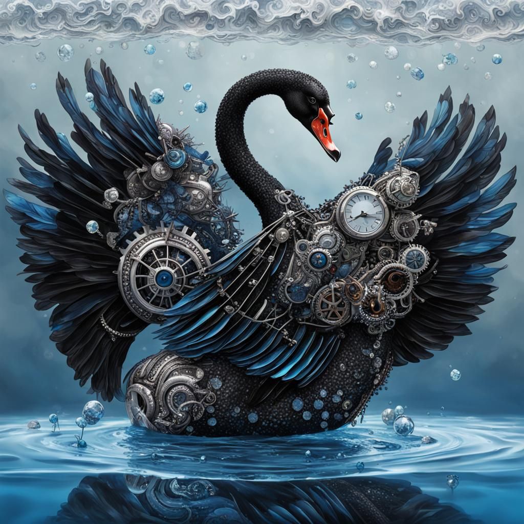 Steampunk Black Swan in Blue Water