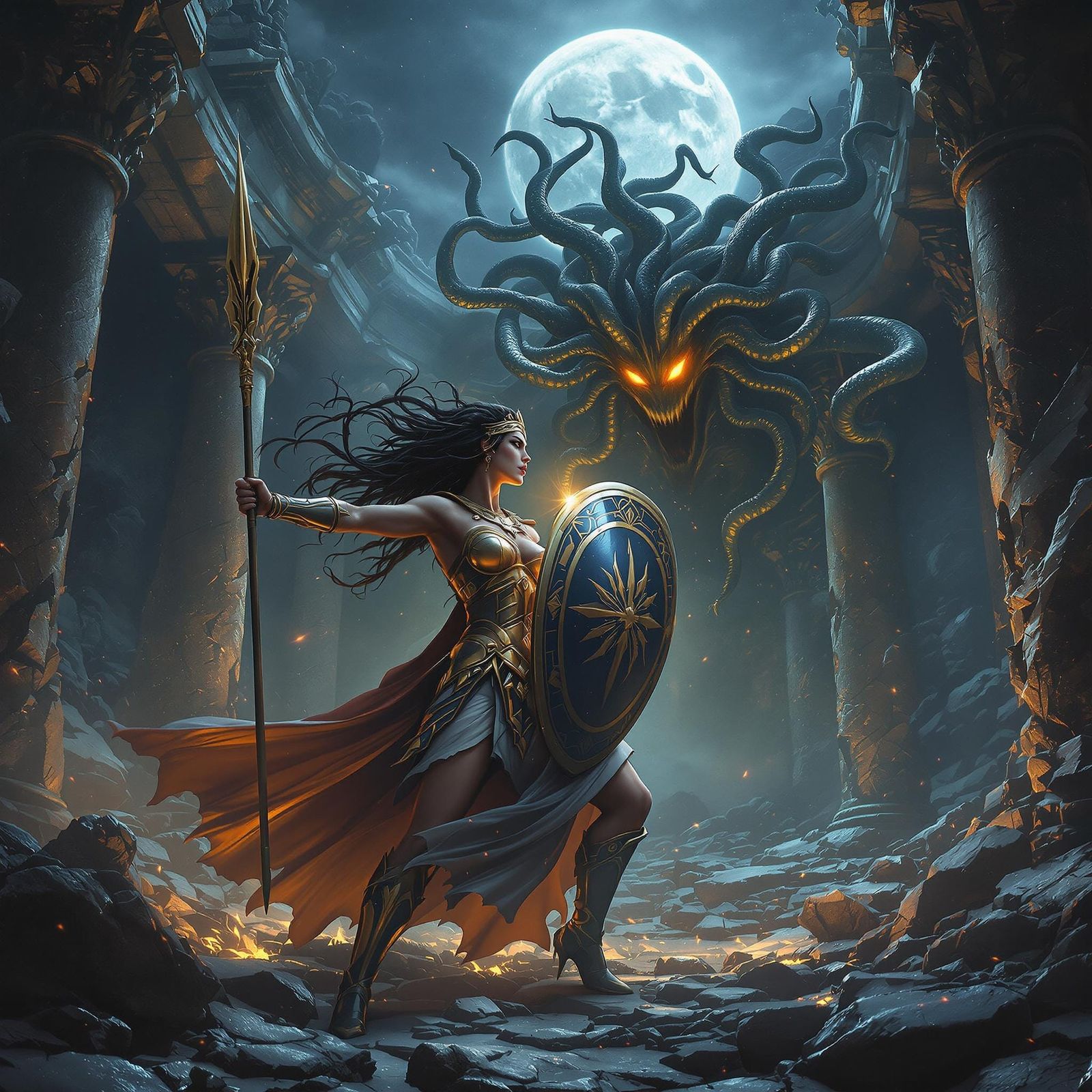 Athena vs Medusa: Epic Moonlight Battle Scene