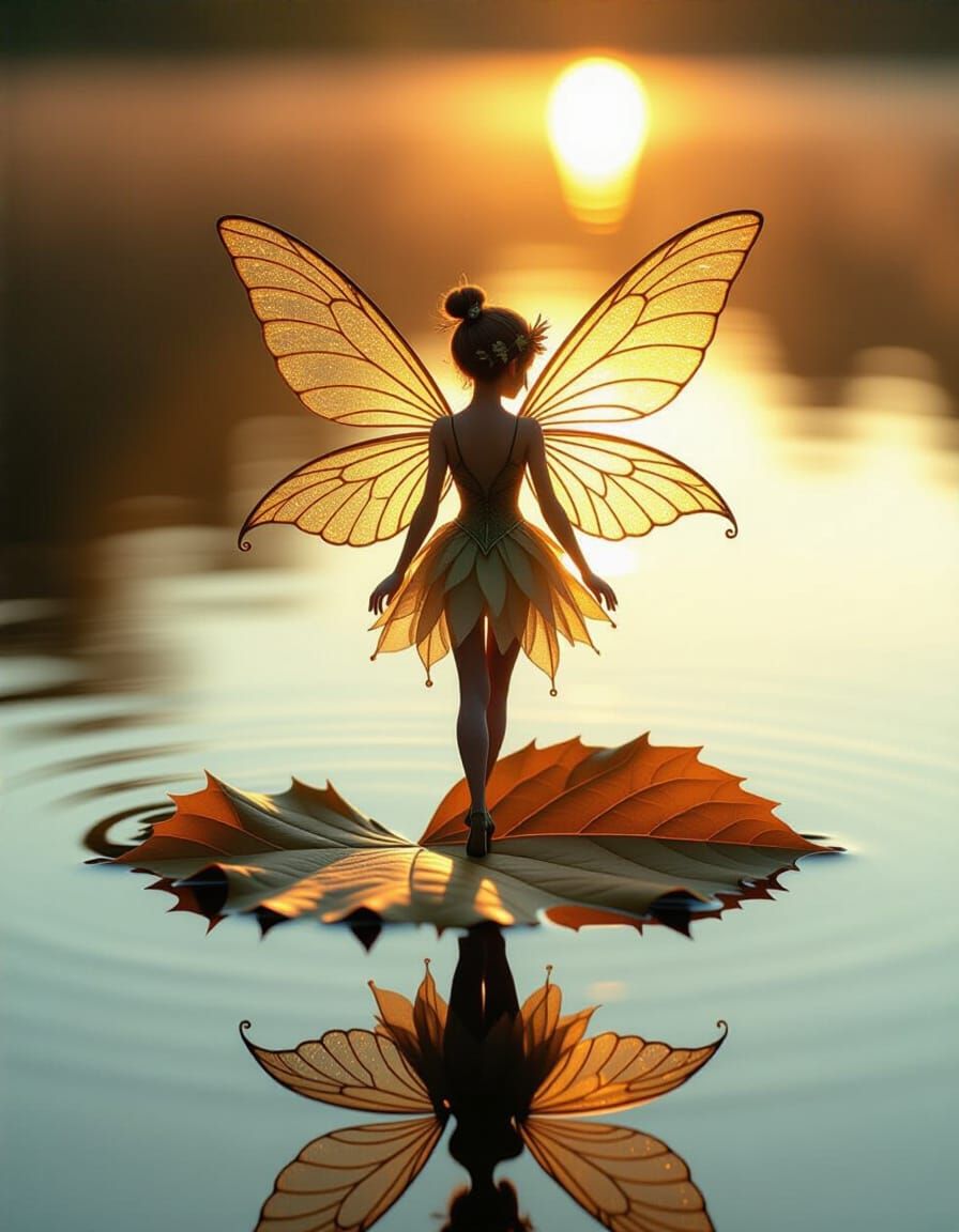 Tiny Autumn Fairy on Golden Leaf at Sunset