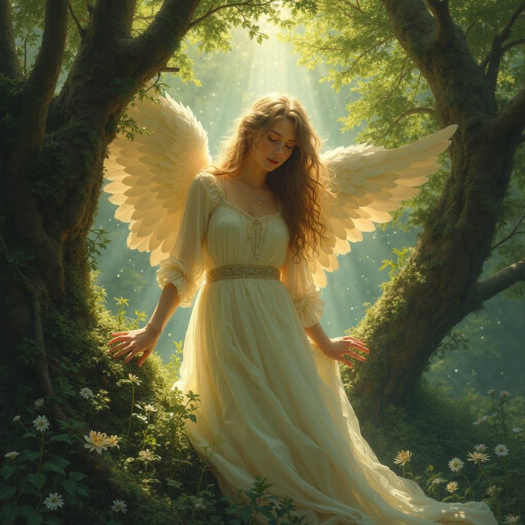 Ethereal Angel Connects with Nature in Sunlit Forest