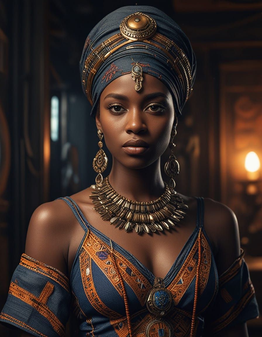 Hyperrealistic Portrait of a Dark-Skinned Beauty in Futurist...