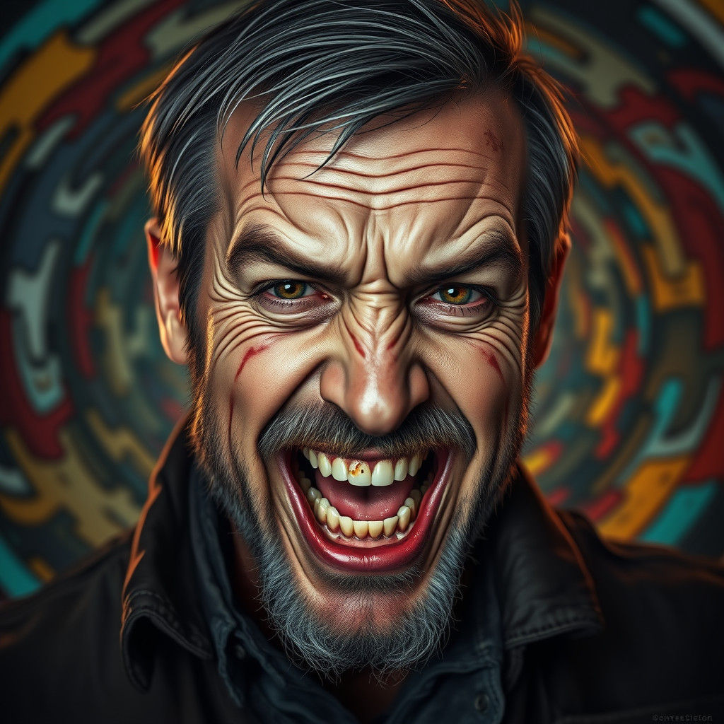 Deranged Train Conductor Portrait in Surreal Style