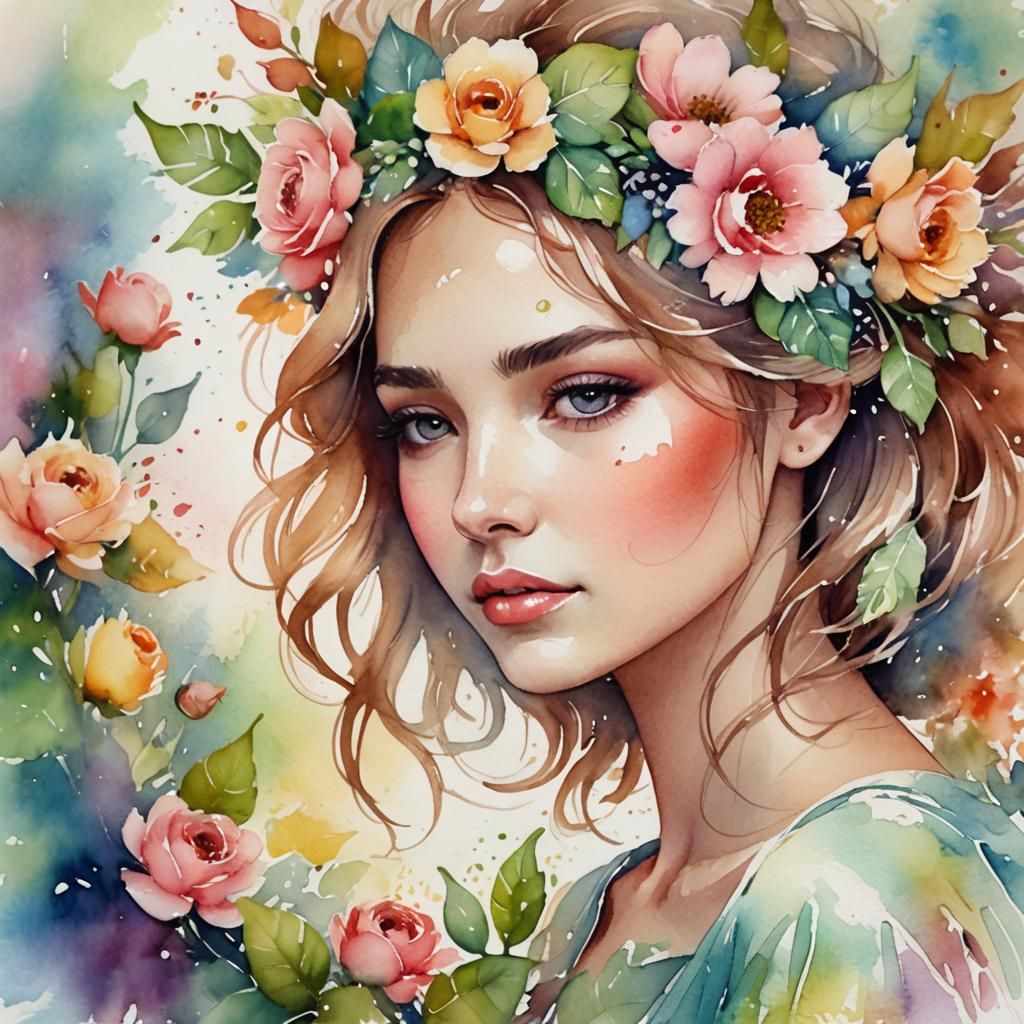 Floral Woman in Dreamy Watercolor Style