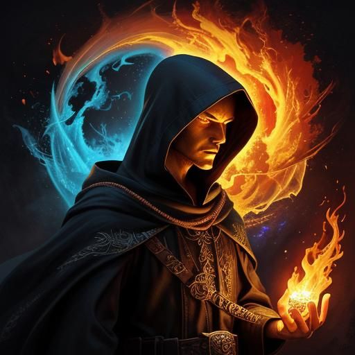 Mystic Hooded Figure with Glowing Flame: Oil Painting