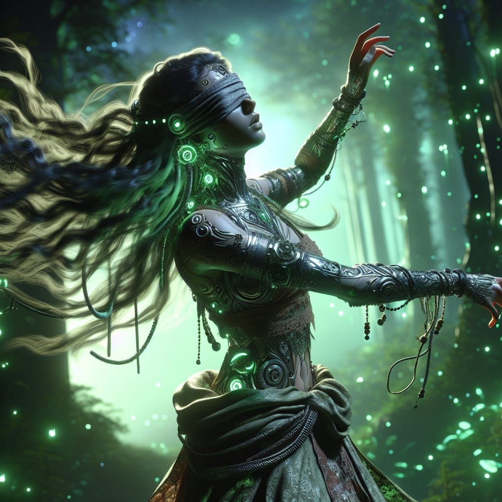 Cybernetic Woman's Trance Dance in Bioluminescent Forest