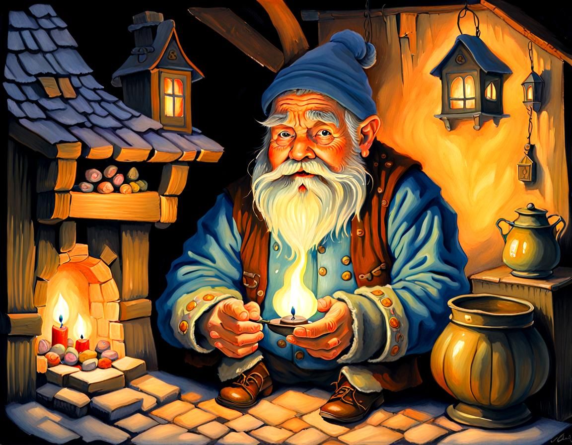 Dwarf Peddler in Cozy Cottage: Whimsical Gouache Fantasy