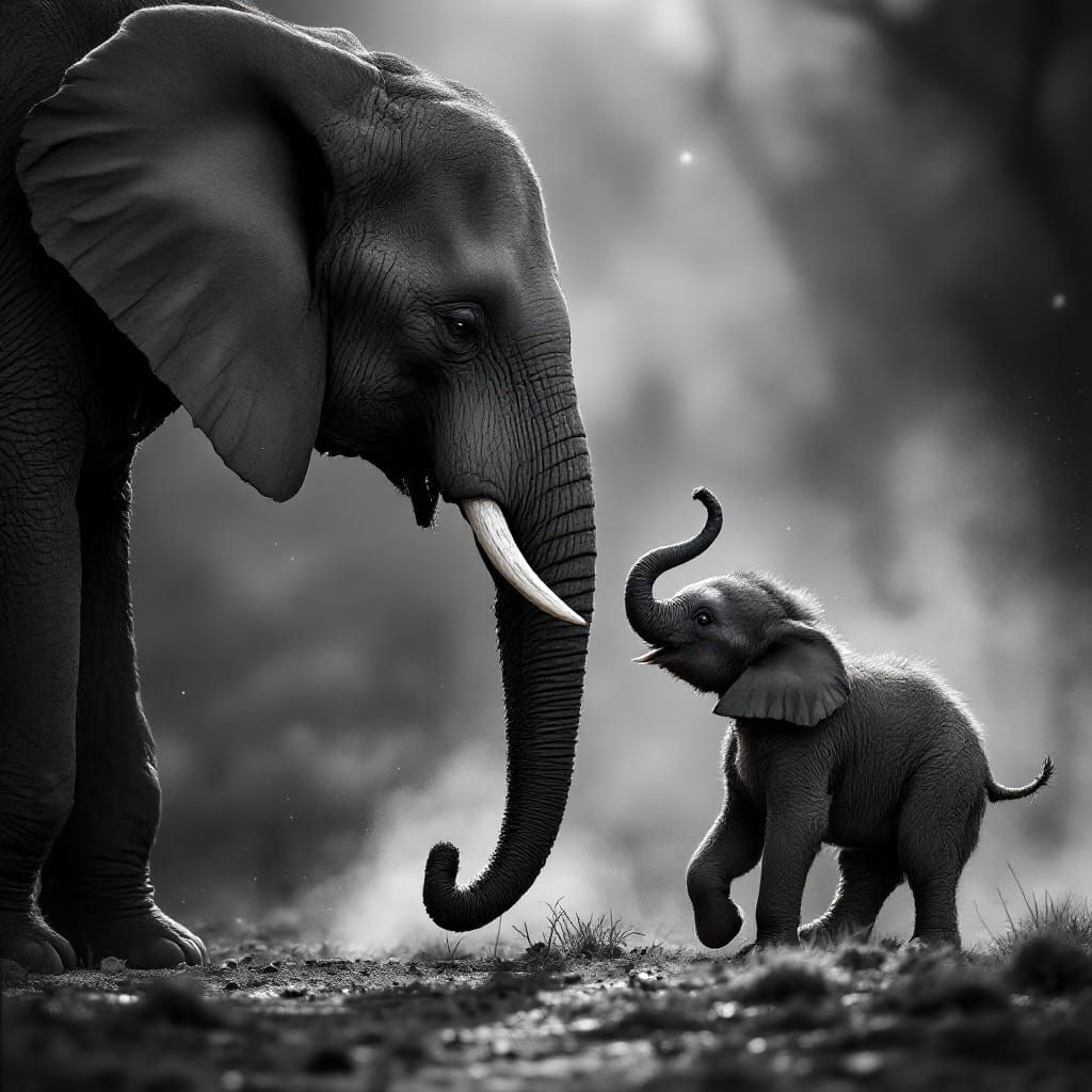 Mother and Baby Elephant Intimate Greeting in Natural Habita...