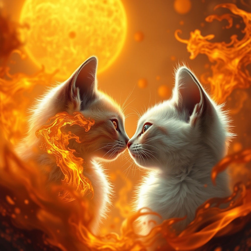 Siamese Kitten and Golden Spirit in Fiery Landscape