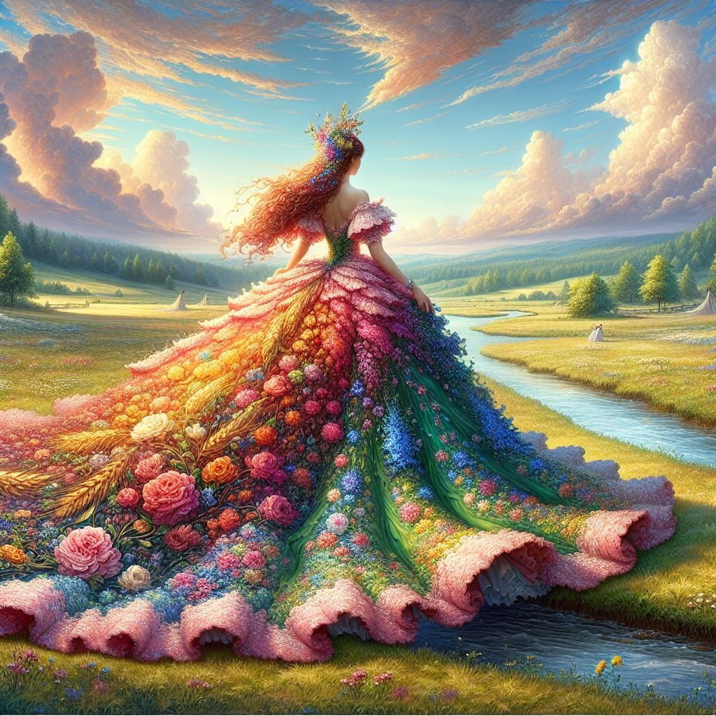 Floral Dress Merges with Summer Landscape