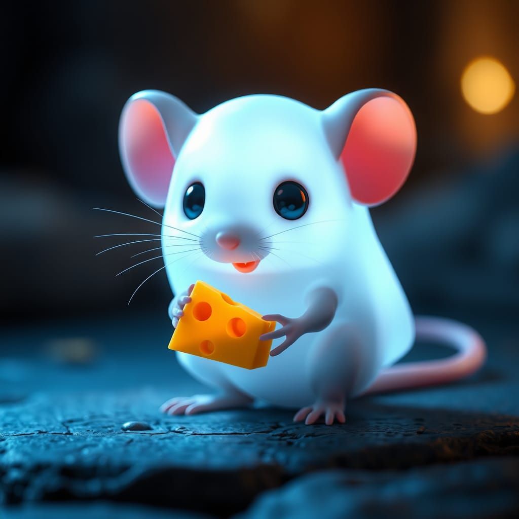 Adorable Glowing Ghost Mouse with Cheese, 3D Render