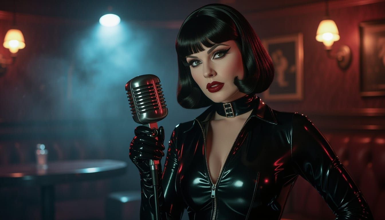 Velma Dinkley in Goth Latex Catsuit at Smoky Jazz Club