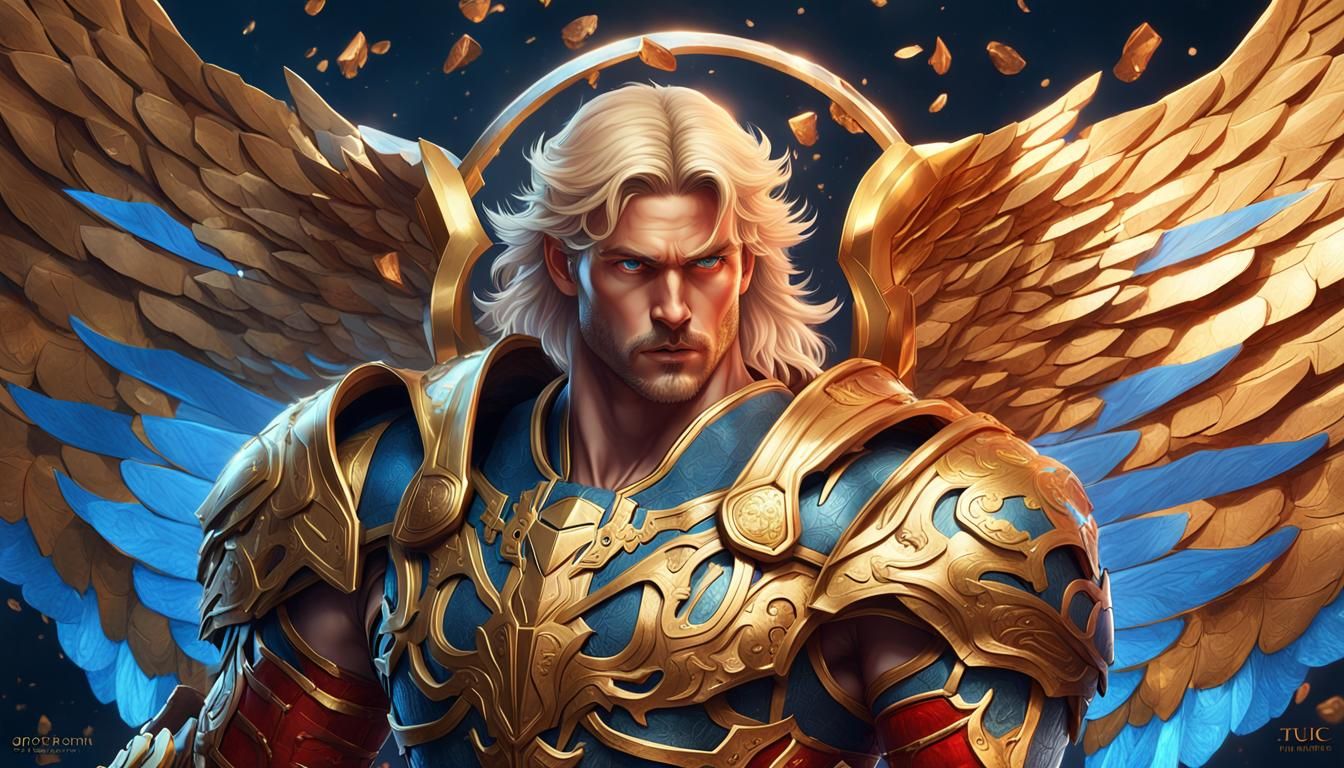 Angel Uriel in Golden Armor, Hyperrealistic Illustration