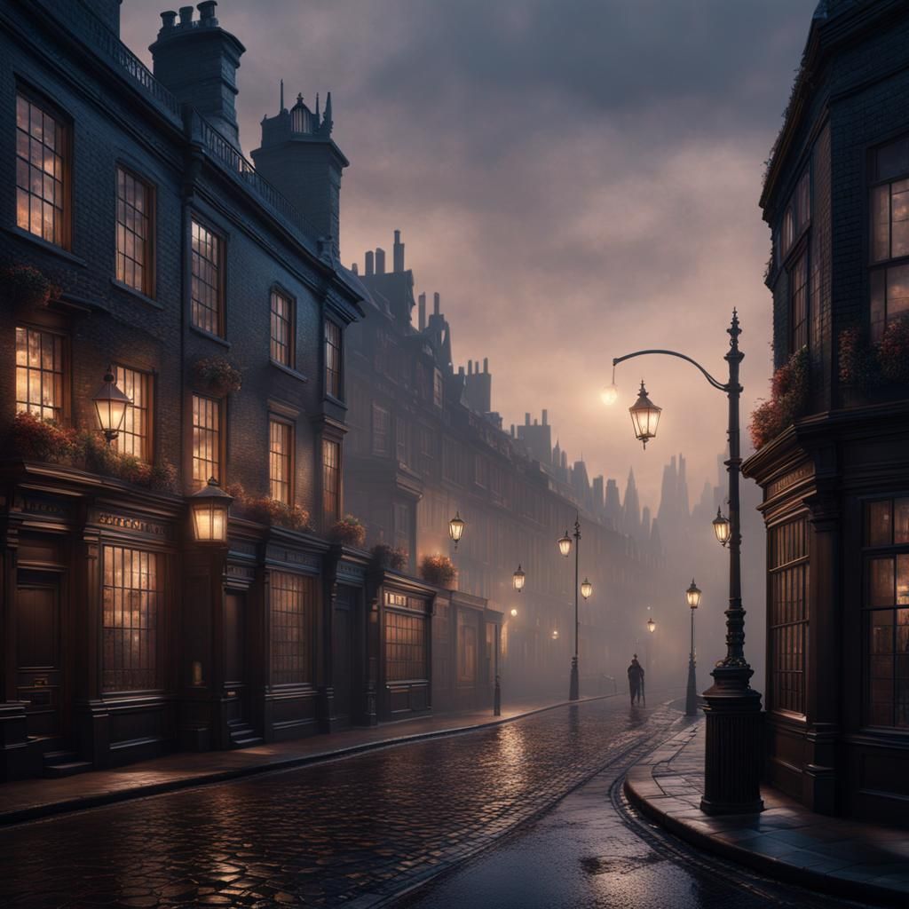 Misty London Street Scene in Detailed Matte Painting Style