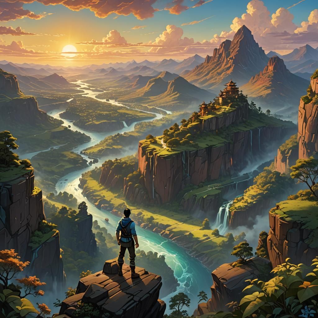 Cliffside Sunset: Anime-Inspired Digital Masterpiece
