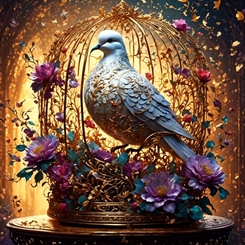 Golden Cage: Hyperrealistic Dove with Floral Details