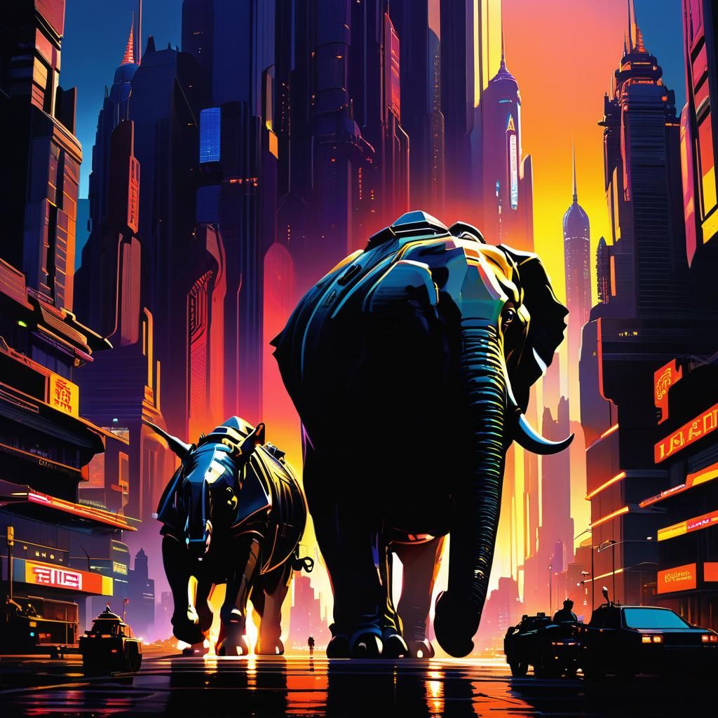 Elephant Rides Rhino in Futuristic Utopia