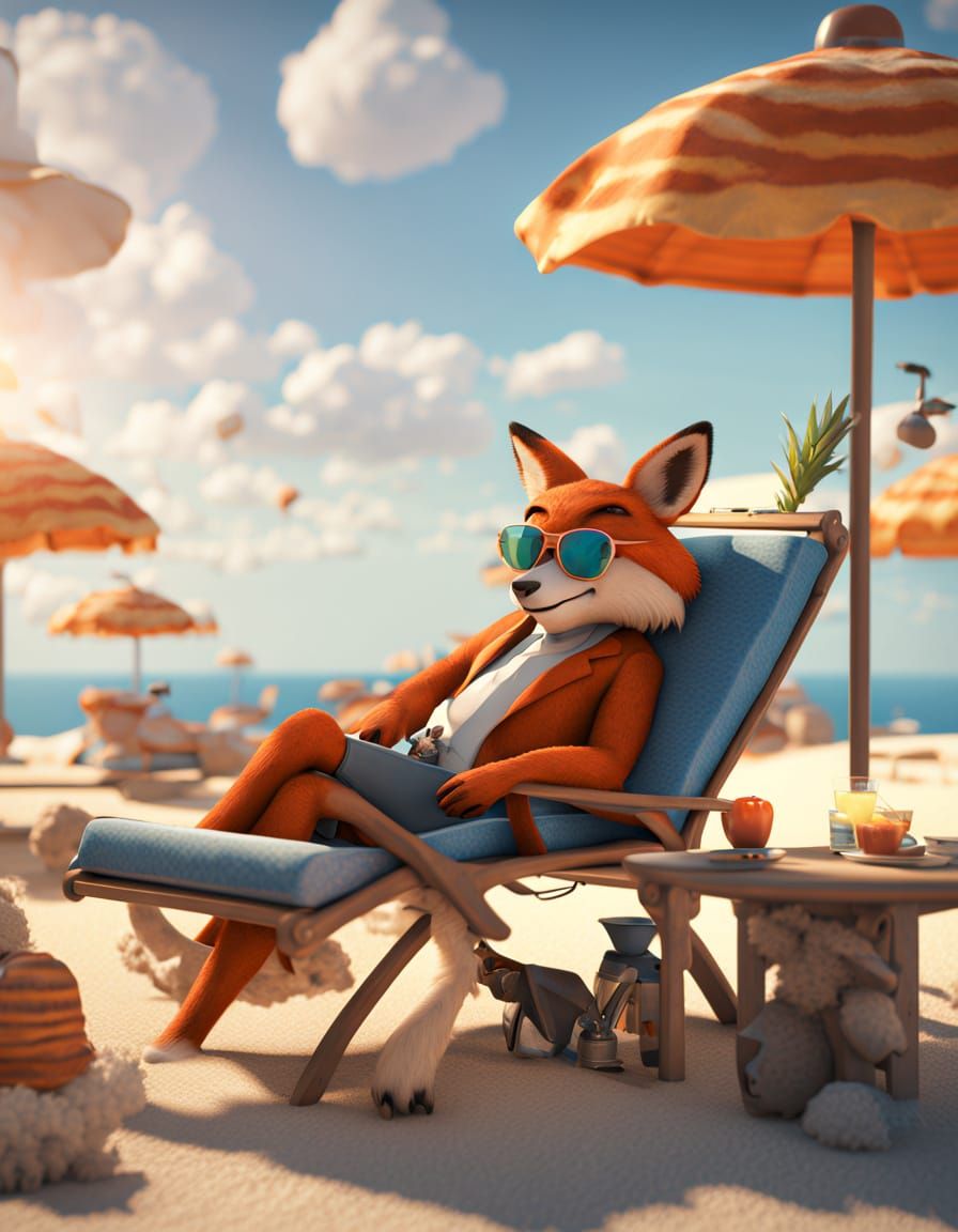 Fox on Sun Lounger with Cocktail, Cartoon 3D Render