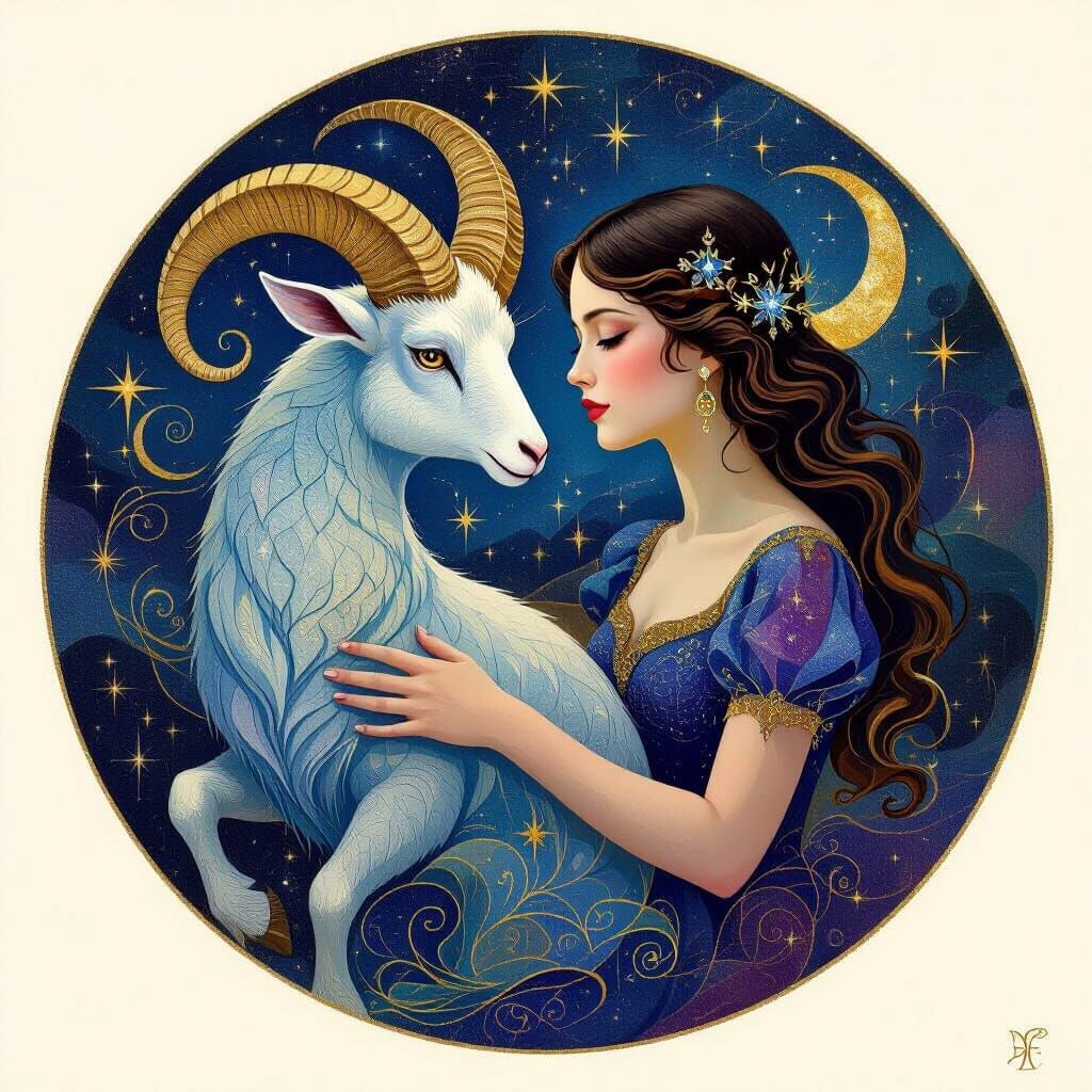 Surrealist Oil Painting: Capricorn Woman with Cosmic Duality