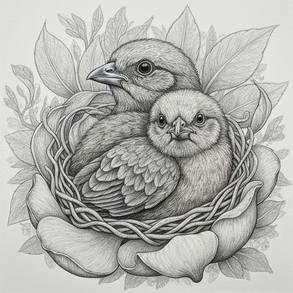 Detailed Painting of Birds in Nest Amidst Lush Foliage