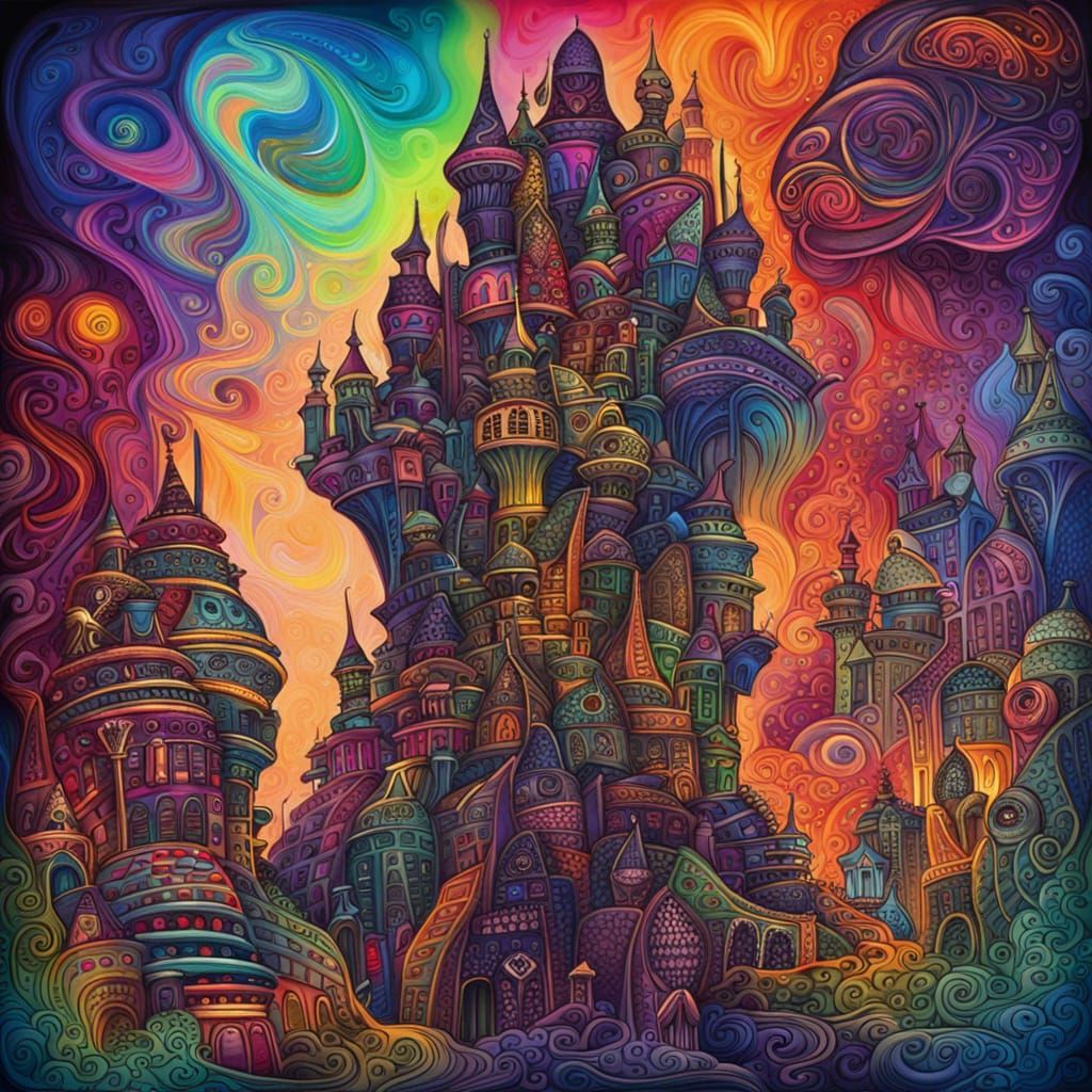 Psychedelic Alien Cityscape with Fantasy Castle