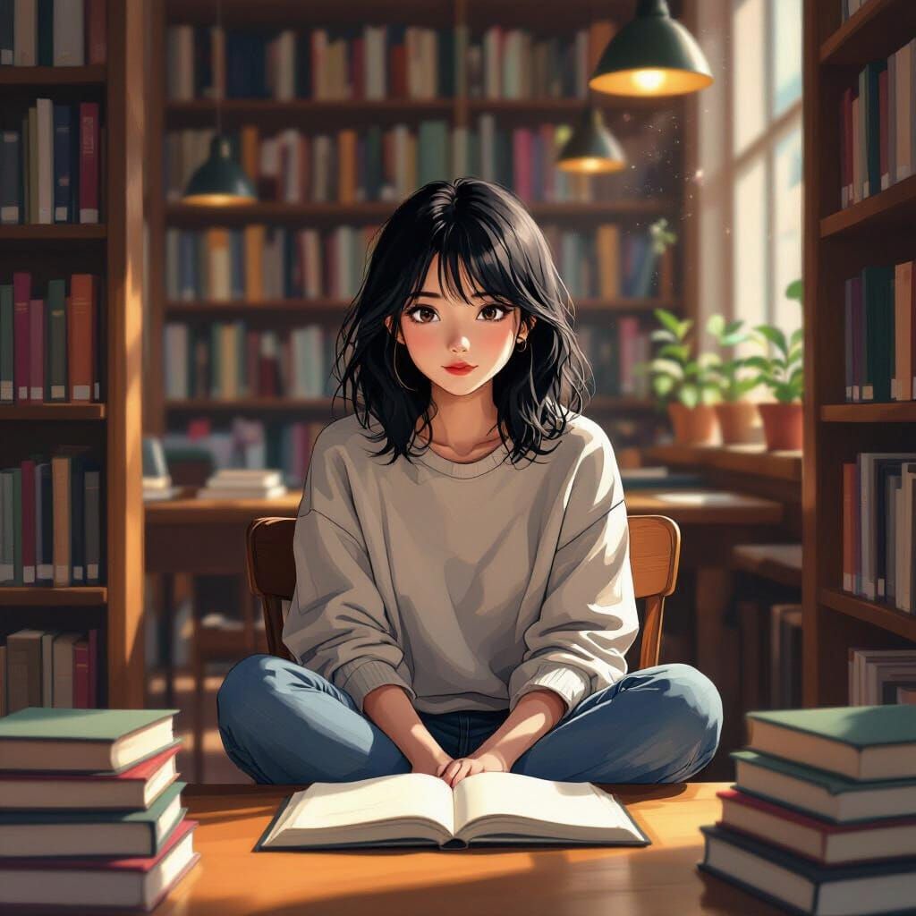 Girl in Library with Moody Lighting and Intricate Textures