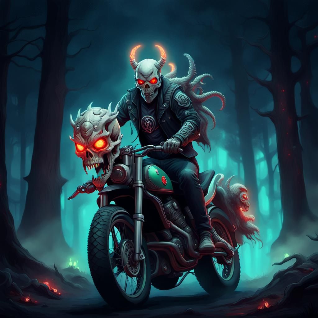 Biker on Demonic Creature in Haunted Forest