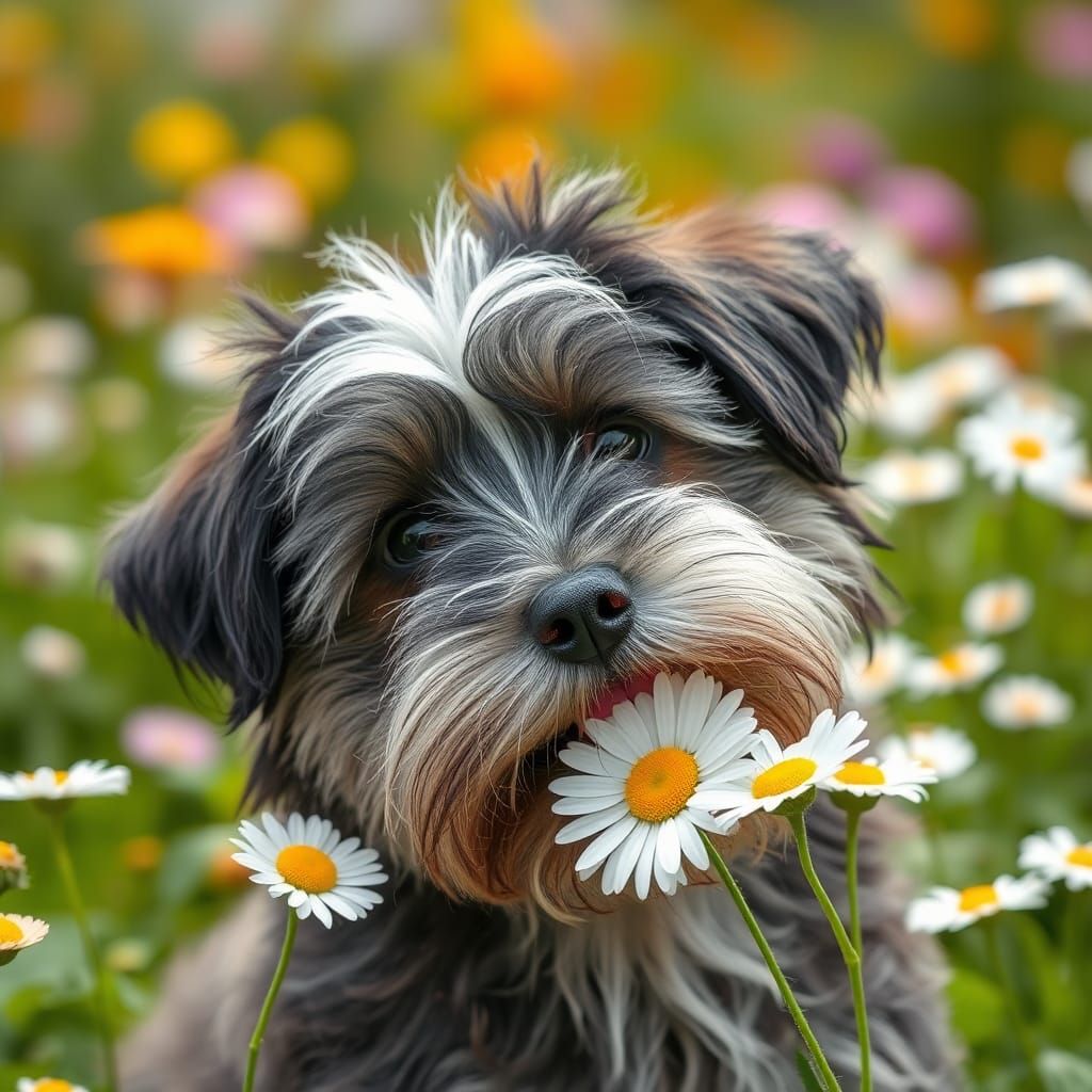 Cute Tibetan Terrier with Daisy in Flower Garden
